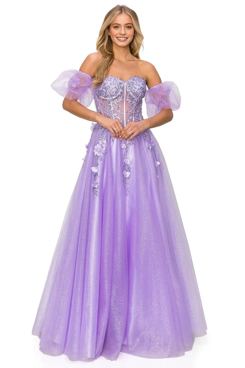 Ethereal A-line Glittered Off-the-Shoulder Short Puff Tulle 3D Floral Corset Evening Gown
