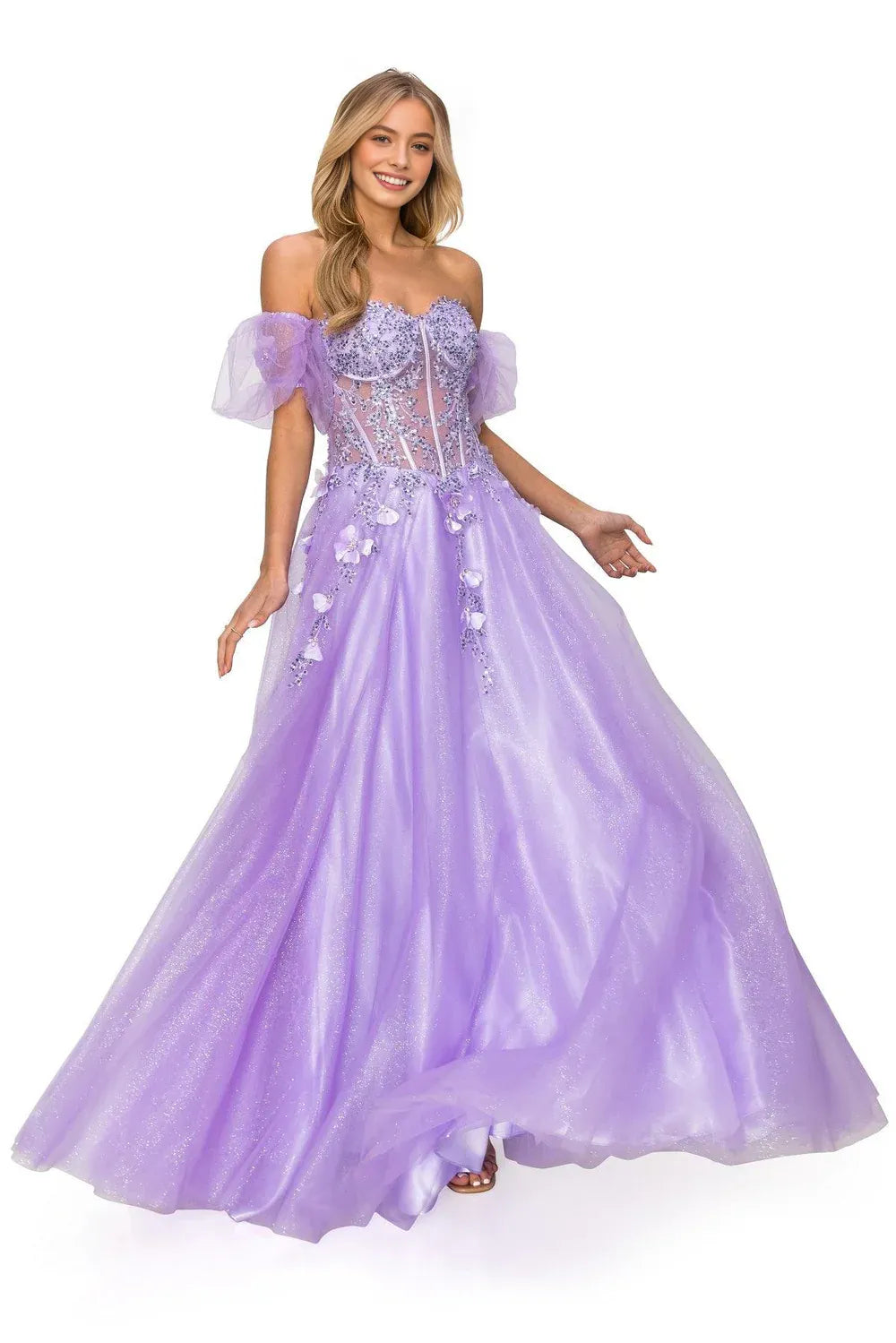Ethereal A-line Glittered Off-the-Shoulder Short Puff Tulle 3D Floral Corset Evening Gown