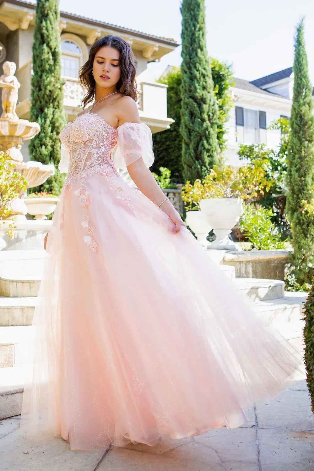 Ethereal A-line Glittered Off-the-Shoulder Short Puff Tulle 3D Floral Corset Evening Gown