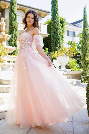Ethereal A-line Glittered Off-the-Shoulder Short Puff Tulle 3D Floral Corset Evening Gown