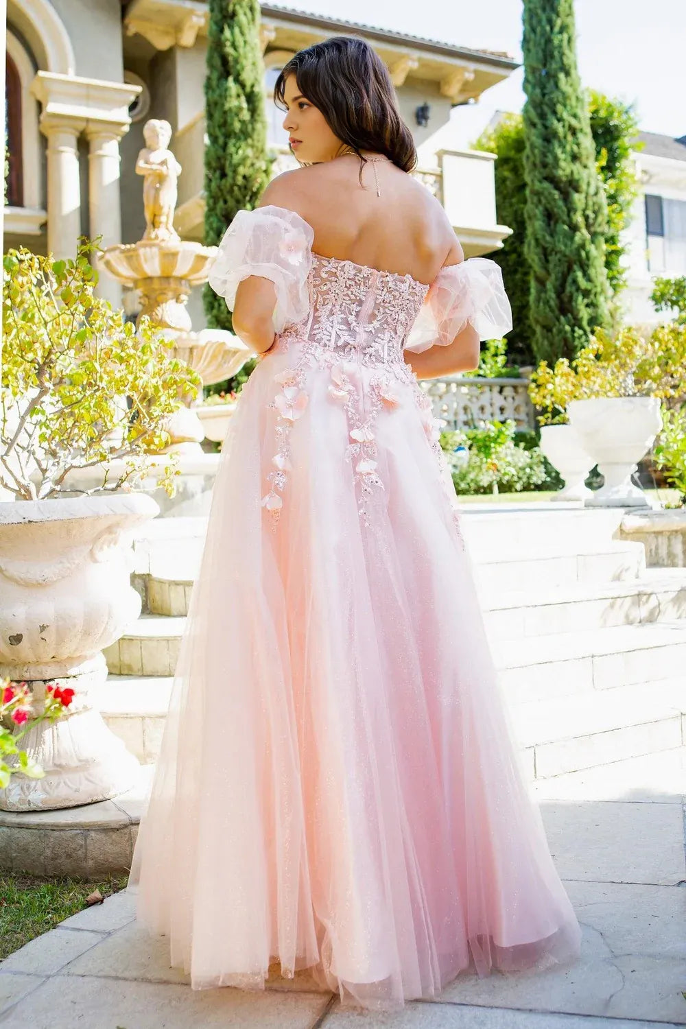 Ethereal A-line Glittered Off-the-Shoulder Short Puff Tulle 3D Floral Corset Evening Gown