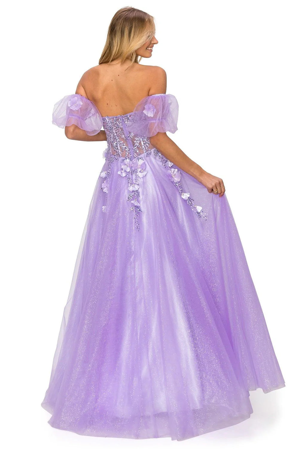 Ethereal A-line Glittered Off-the-Shoulder Short Puff Tulle 3D Floral Corset Evening Gown