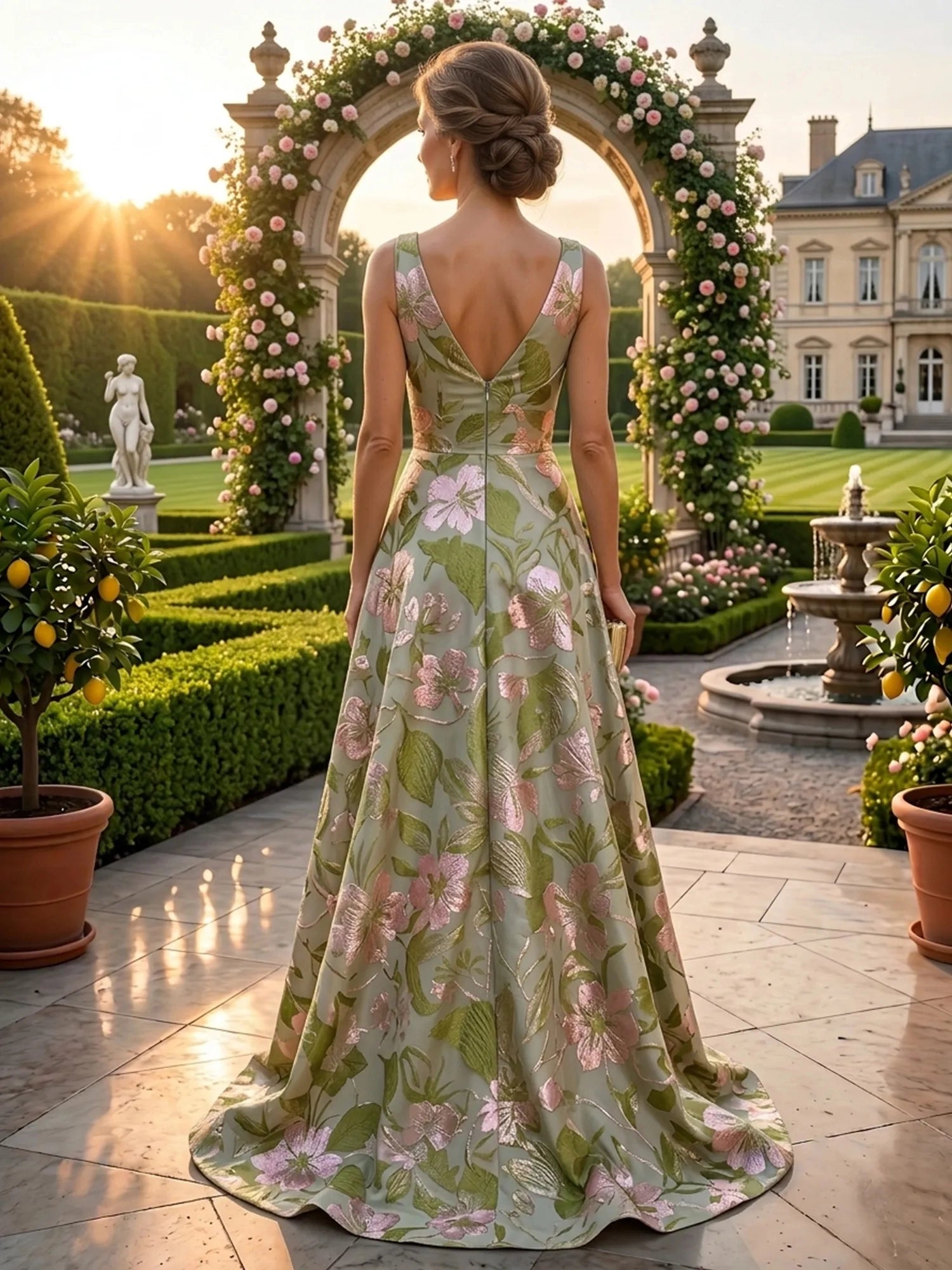 V‑back green floral jacquard a‑line sweep‑train long mother of the bride formal dress