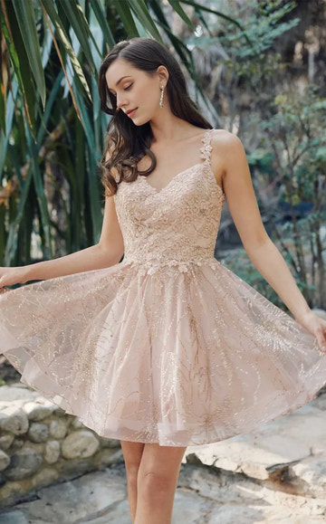 Exquisite Flare V-neck Sleeveless Tulle Mini Glitter Floral Embroidered Lace Homecoming Dress