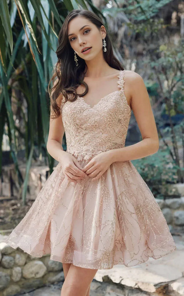 Exquisite Flare V-neck Sleeveless Tulle Mini Glitter Floral Embroidered Lace Homecoming Dress