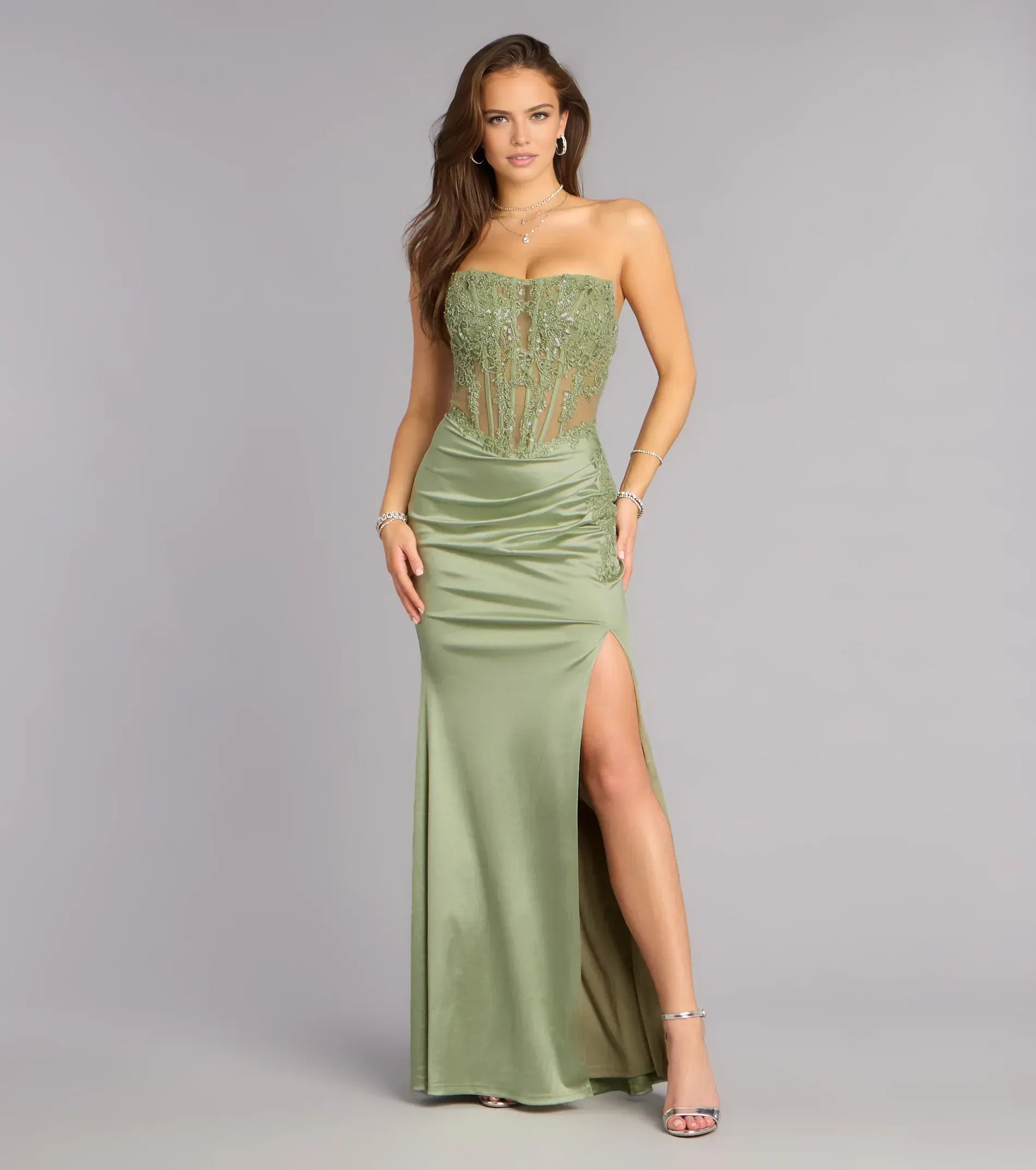 Glamorous Mermaid Satin Corset With Slit Floor Length Evening Dress