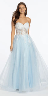 Strapless Floral Embellished Corset Glitter Tulle Ballgown Sheer Back A Line Prom Dress