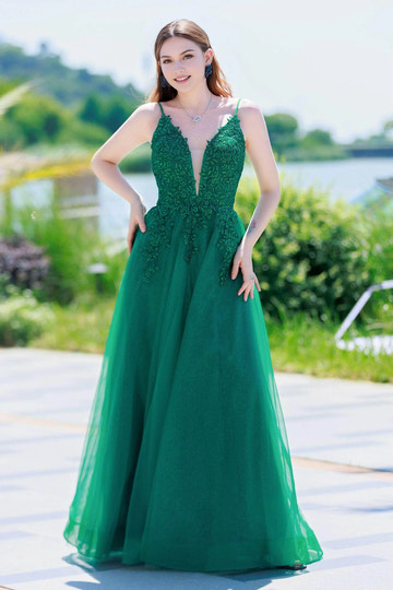 Romantic A-Line Plunge V-Neck Spaghetti Strap Tulle Appliqué Formal Prom Gown