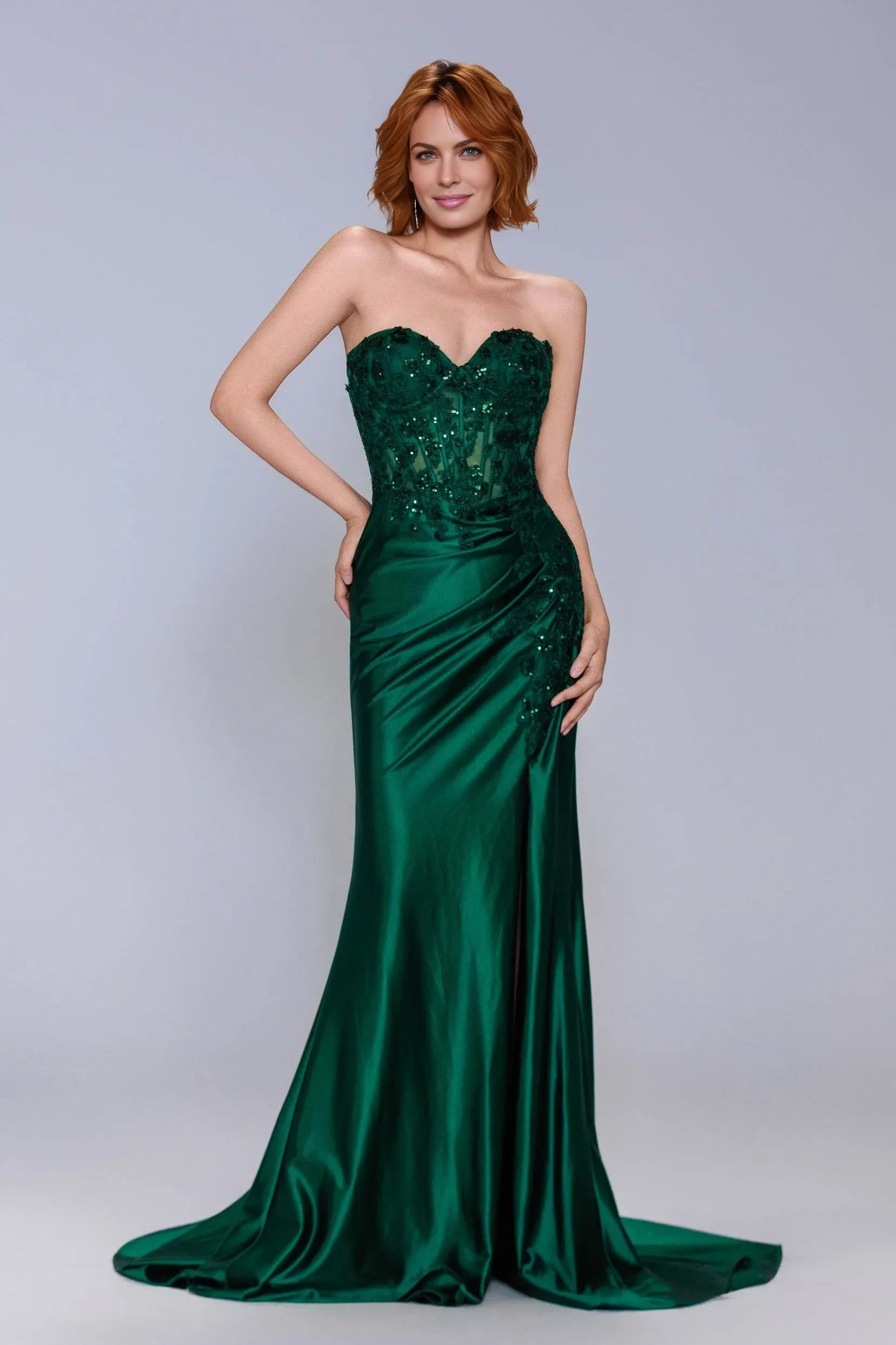 Strapless sheath evening gown with sweetheart neckline, embellished corset bodice, satin skirt, and front slit