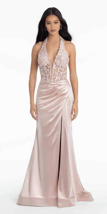 Elegant Mermaid Evening Gown Halter Sheer Back Satin Floor-Length Formal Dress