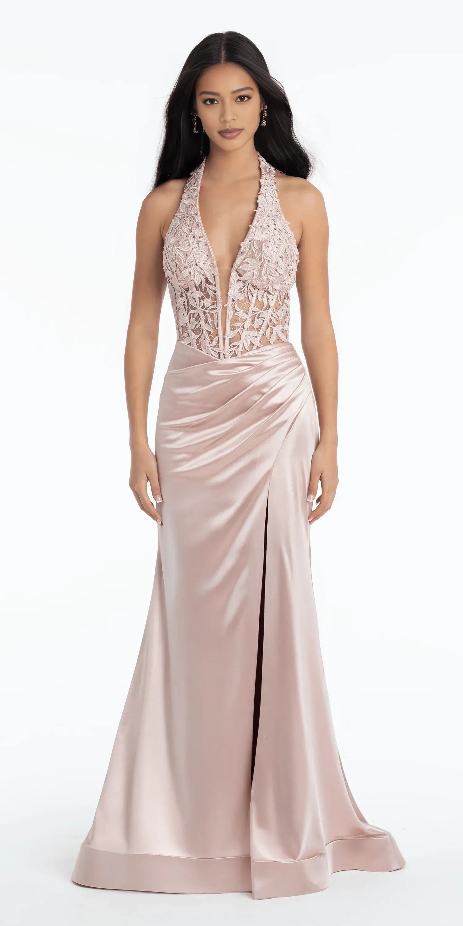 Elegant Mermaid Evening Gown Halter Sheer Back Satin Floor-Length Formal Dress