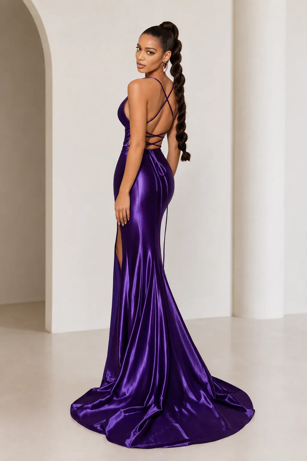 Sleek Mermaid Cowl Neck Spaghetti Strap Satin Lace-Up High Slit Evening Gown