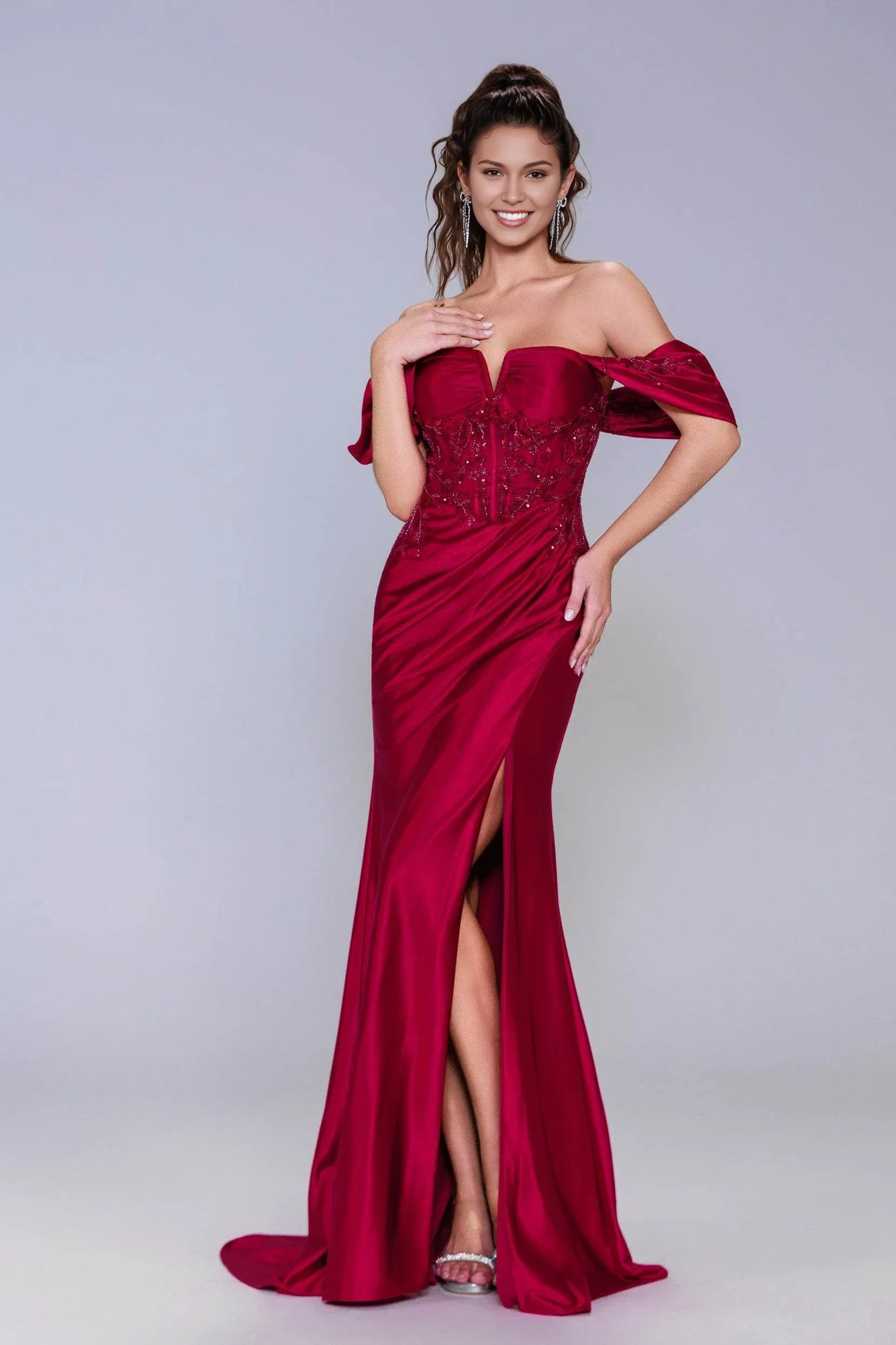Polished Sheath Off-Shoulder Satin Appliqué Sweep-Brush Train Evening Gown with Slit