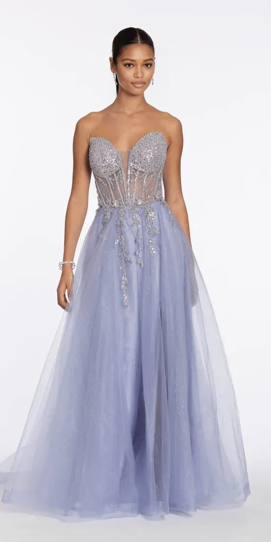 Enchanting Ball Gown Strapless Sheer Back Glitter Mesh A Line Dress Floor-Length Prom Dress