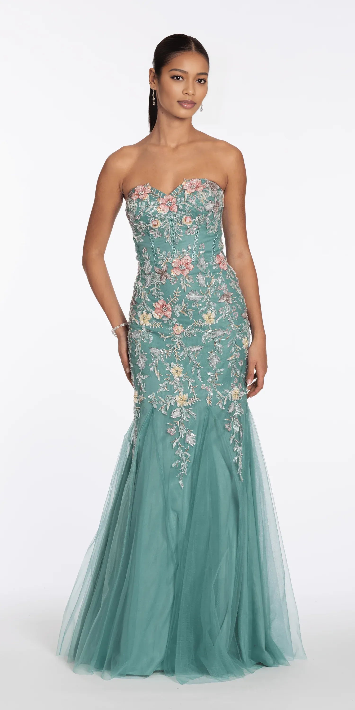Vestido de noche estilo sirena sin tirantes, con espalda descubierta, adornos florales y largo hasta el suelo, para fiesta de graduación.