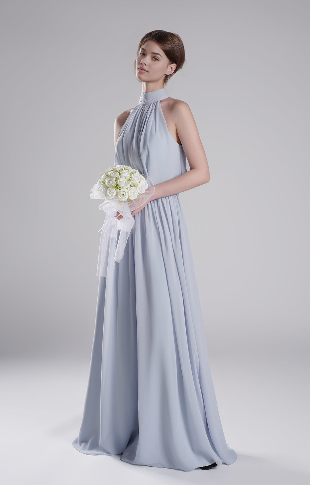 Elegant Halter Neck Pleated Flowing A-Line Sleeveless Open Back Floor-Length Bridesmaid Dresses