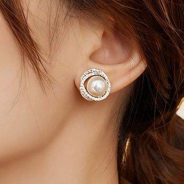 Silver-Tone Pearl and Rhinestone Halo Stud Earrings