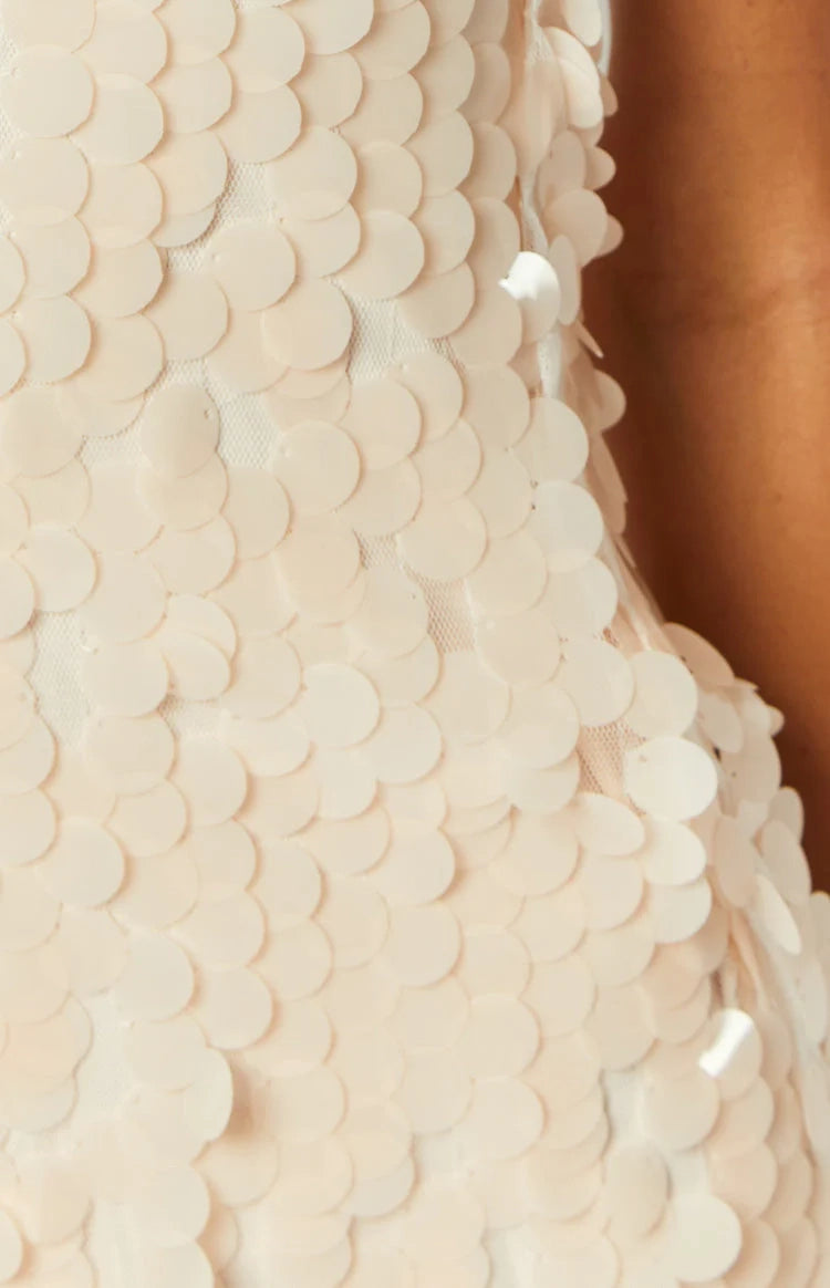 Cream sequin sheath strapless adjustable strap plain back mini homecoming dress