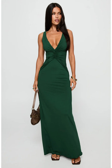 Figure-Hugging Mermaid Deep V Sleeveless Ruched Waist Adjustable Strap Cutout Back Floor-Length Maxi Evening Dress