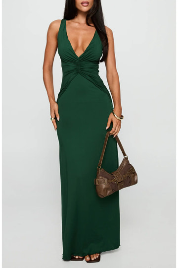 Figure-Hugging Mermaid Deep V Sleeveless Ruched Waist Adjustable Strap Cutout Back Floor-Length Maxi Evening Dress