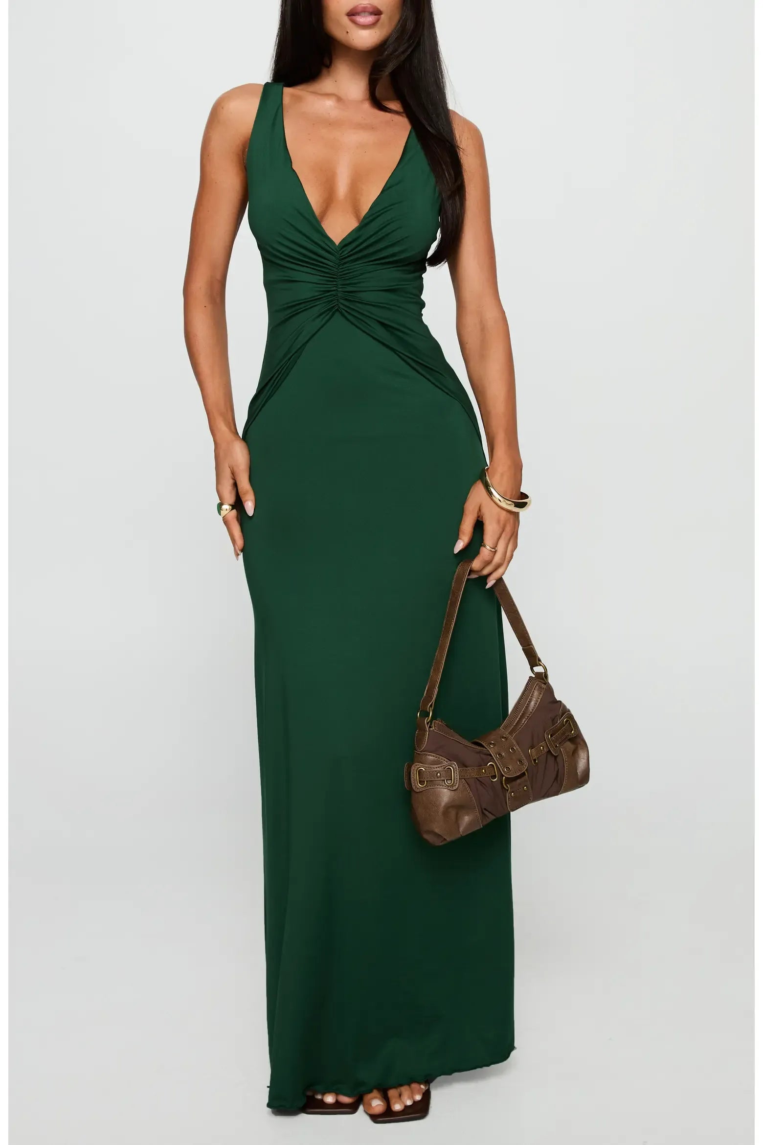 Figure-Hugging Mermaid Deep V Sleeveless Ruched Waist Adjustable Strap Cutout Back Floor-Length Maxi Evening Dress
