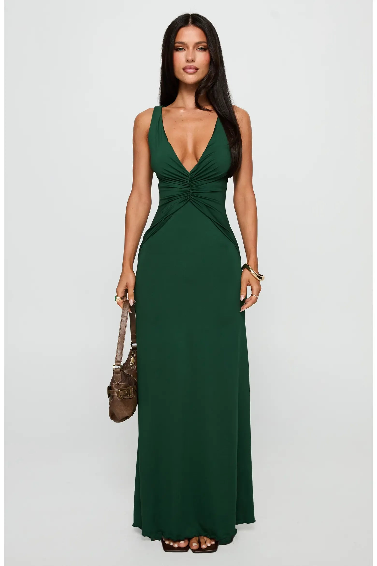Figure-Hugging Mermaid Deep V Sleeveless Ruched Waist Adjustable Strap Cutout Back Floor-Length Maxi Evening Dress