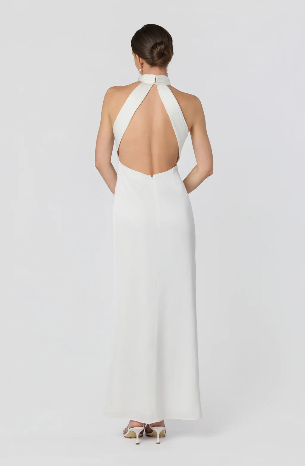 Fitted Halter Neck Satin Maxi Twist Front Slit Evening Dress
