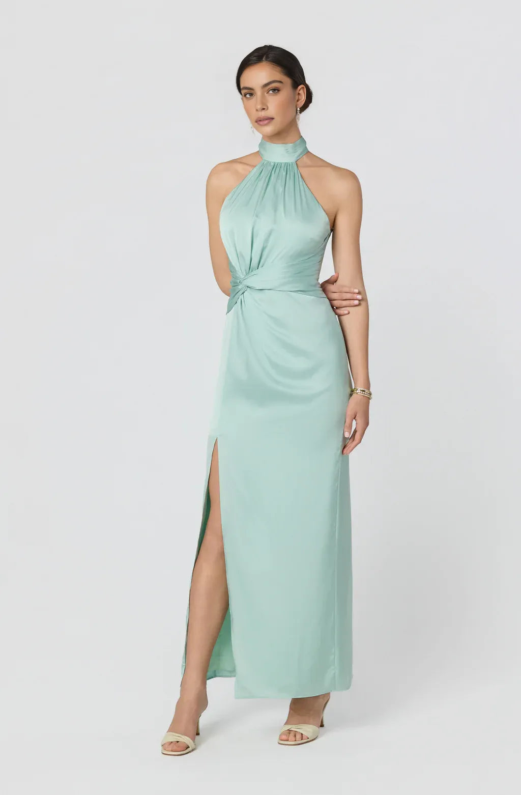 Fitted Halter Neck Satin Maxi Twist Front Slit Evening Dress
