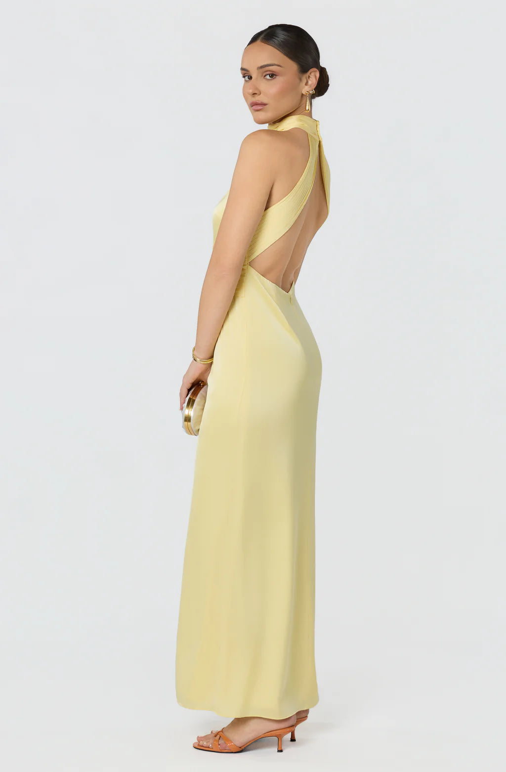 Fitted Halter Neck Satin Maxi Twist Front Slit Evening Dress