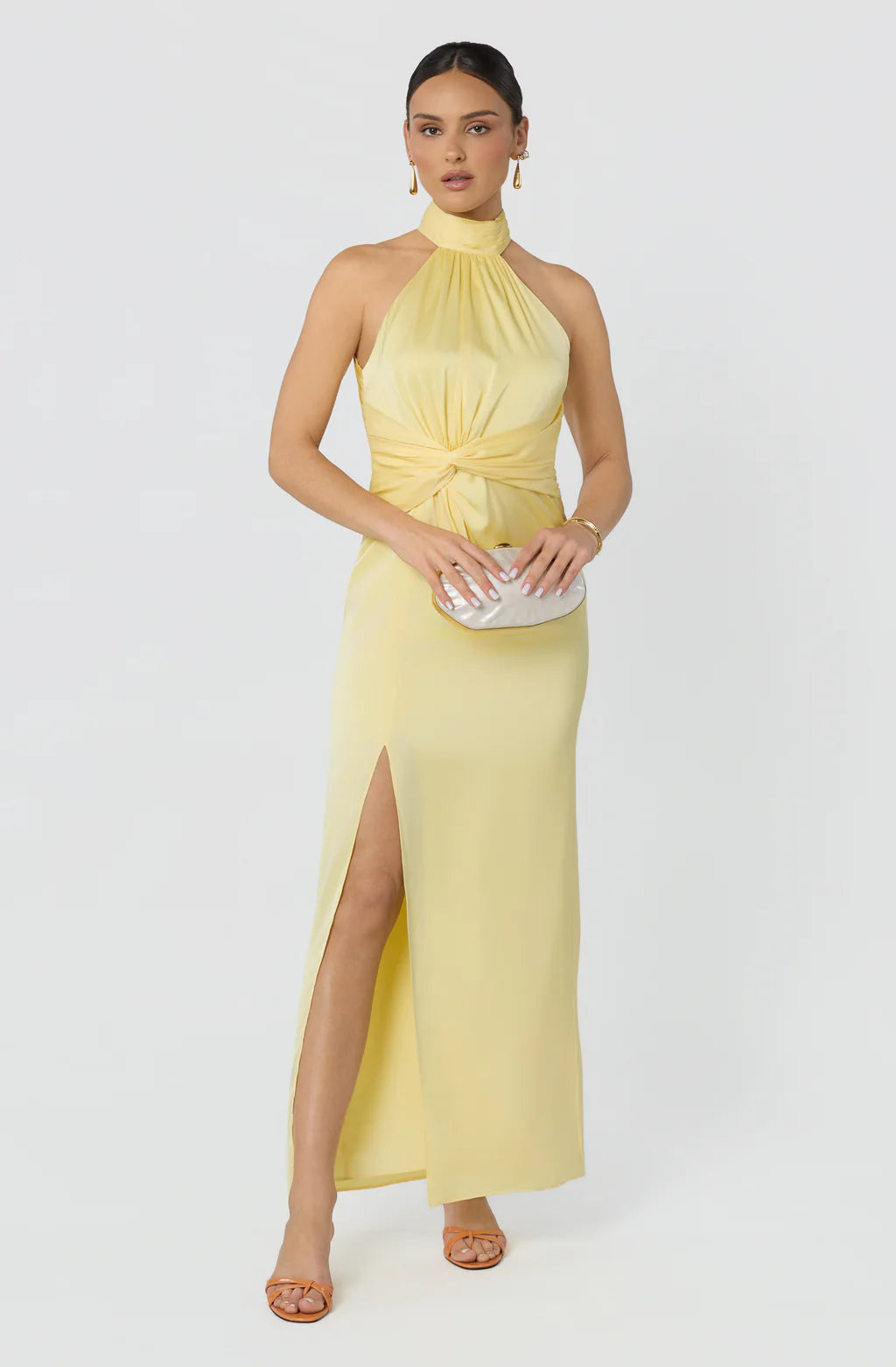 Fitted Halter Neck Satin Maxi Twist Front Slit Evening Dress