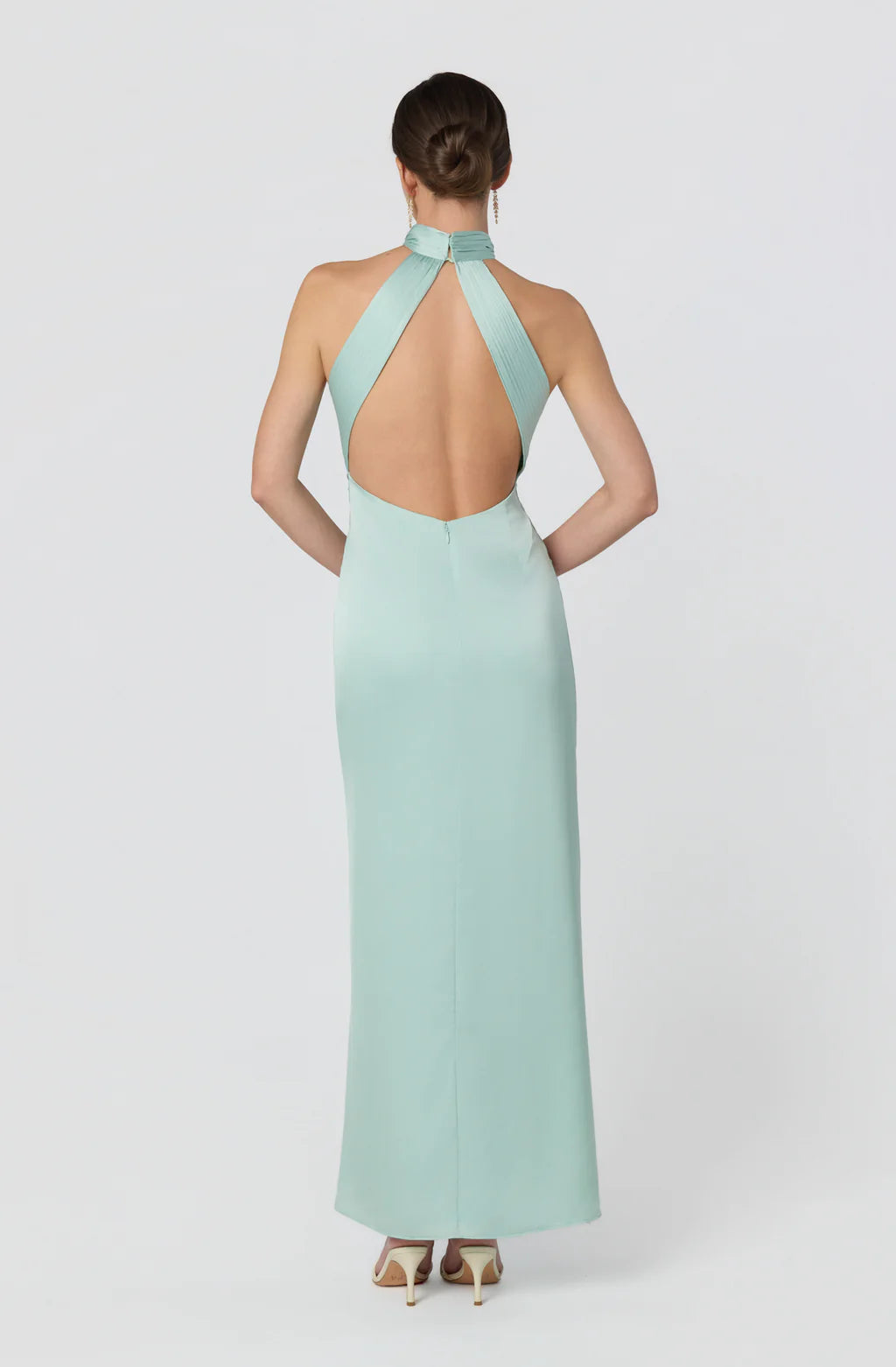 Fitted Halter Neck Satin Maxi Twist Front Slit Evening Dress
