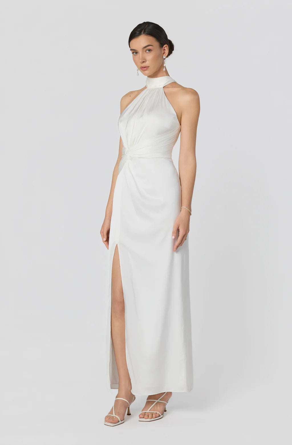 Fitted Halter Neck Satin Maxi Twist Front Slit Evening Dress