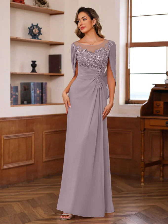 Elegant Fitted Scoop Neck Chiffon Floor-Length Applique Gown Mother of the Bride Dress