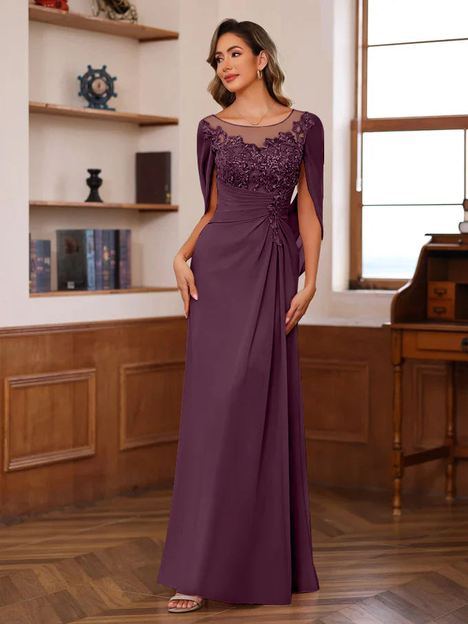 Elegant Fitted Scoop Neck Chiffon Floor-Length Applique Gown Mother of the Bride Dress