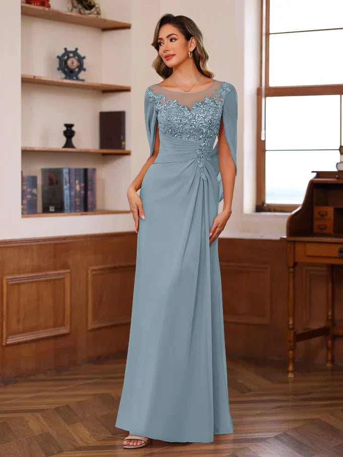 Elegant Fitted Scoop Neck Chiffon Floor-Length Applique Gown Mother of the Bride Dress