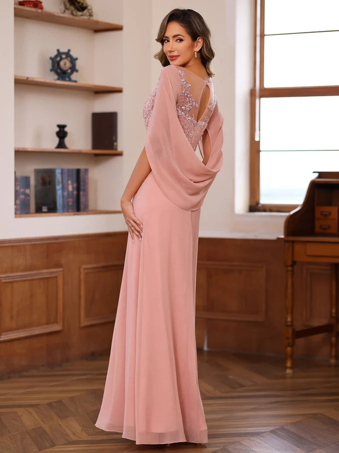 Elegant Fitted Scoop Neck Chiffon Floor-Length Applique Gown Mother of the Bride Dress