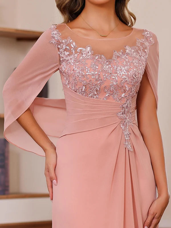 Elegant Fitted Scoop Neck Chiffon Floor-Length Applique Gown Mother of the Bride Dress