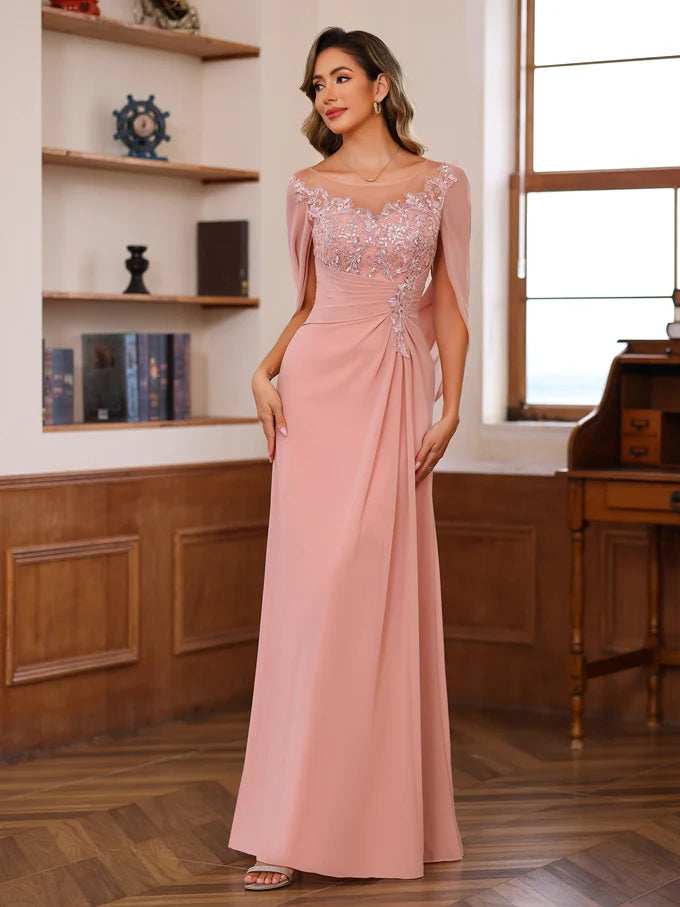 Elegant Fitted Scoop Neck Chiffon Floor-Length Applique Gown Mother of the Bride Dress