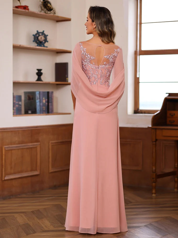 Elegant Fitted Scoop Neck Chiffon Floor-Length Applique Gown Mother of the Bride Dress