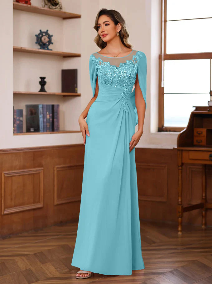 Elegant Fitted Scoop Neck Chiffon Floor-Length Applique Gown Mother of the Bride Dress