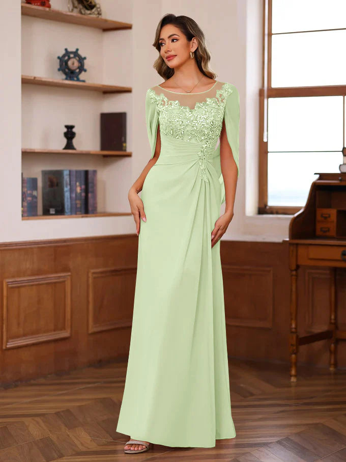 Elegant Fitted Scoop Neck Chiffon Floor-Length Applique Gown Mother of the Bride Dress
