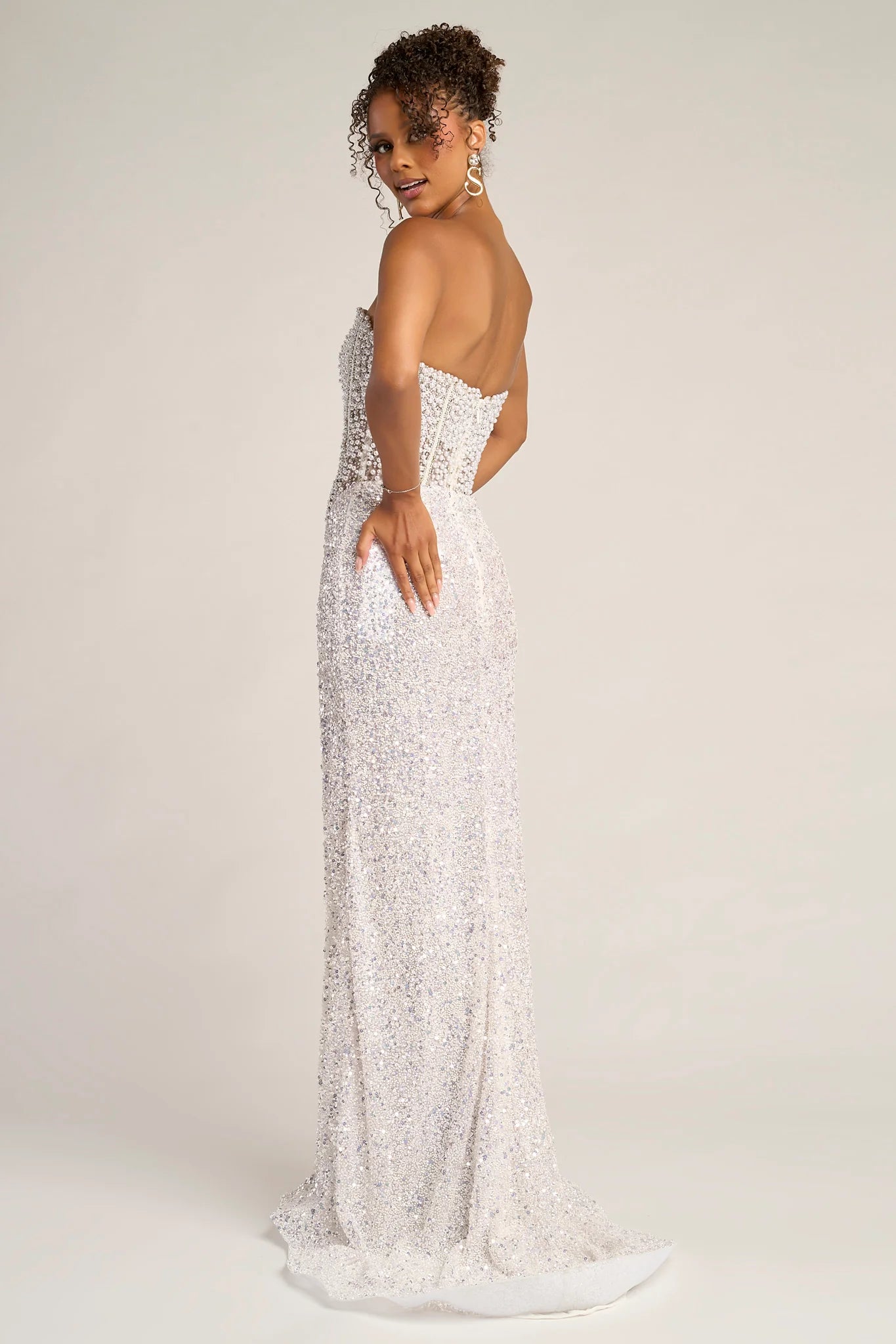 Glamorous Fitted Strapless Beaded Floor-Length Split Gown Evening Dress