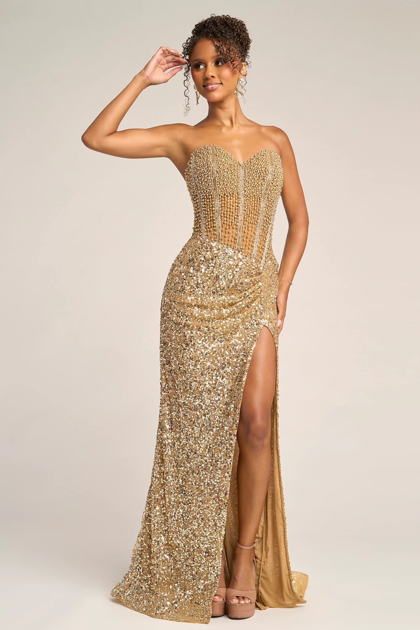 Glamorous Fitted Strapless Beaded Floor-Length Split Gown Evening Dress