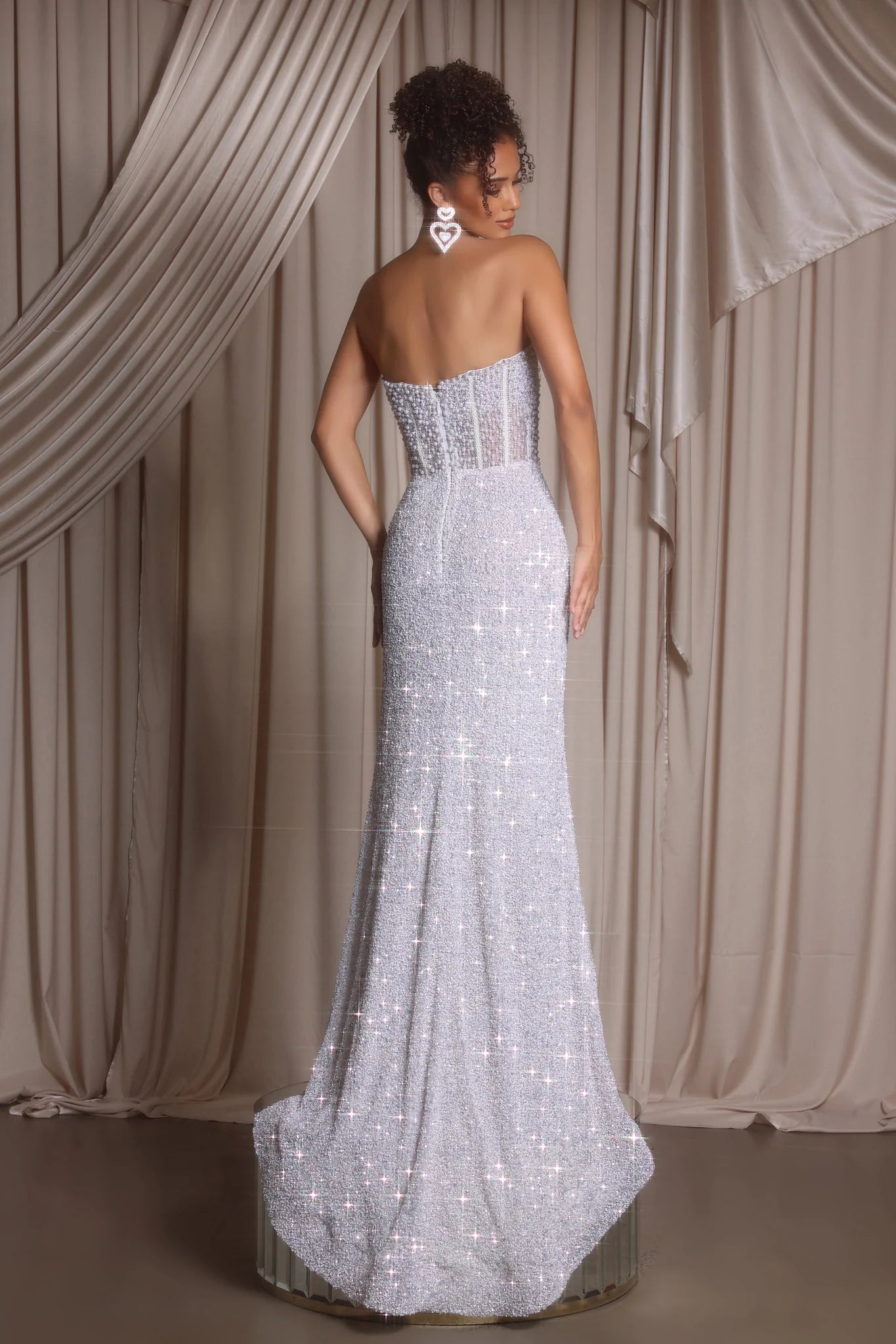 Glamorous Fitted Strapless Beaded Floor-Length Split Gown Evening Dress