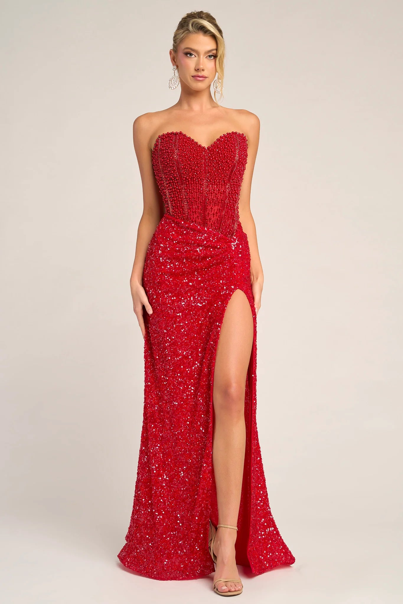 Glamorous Fitted Strapless Beaded Floor-Length Split Gown Evening Dress