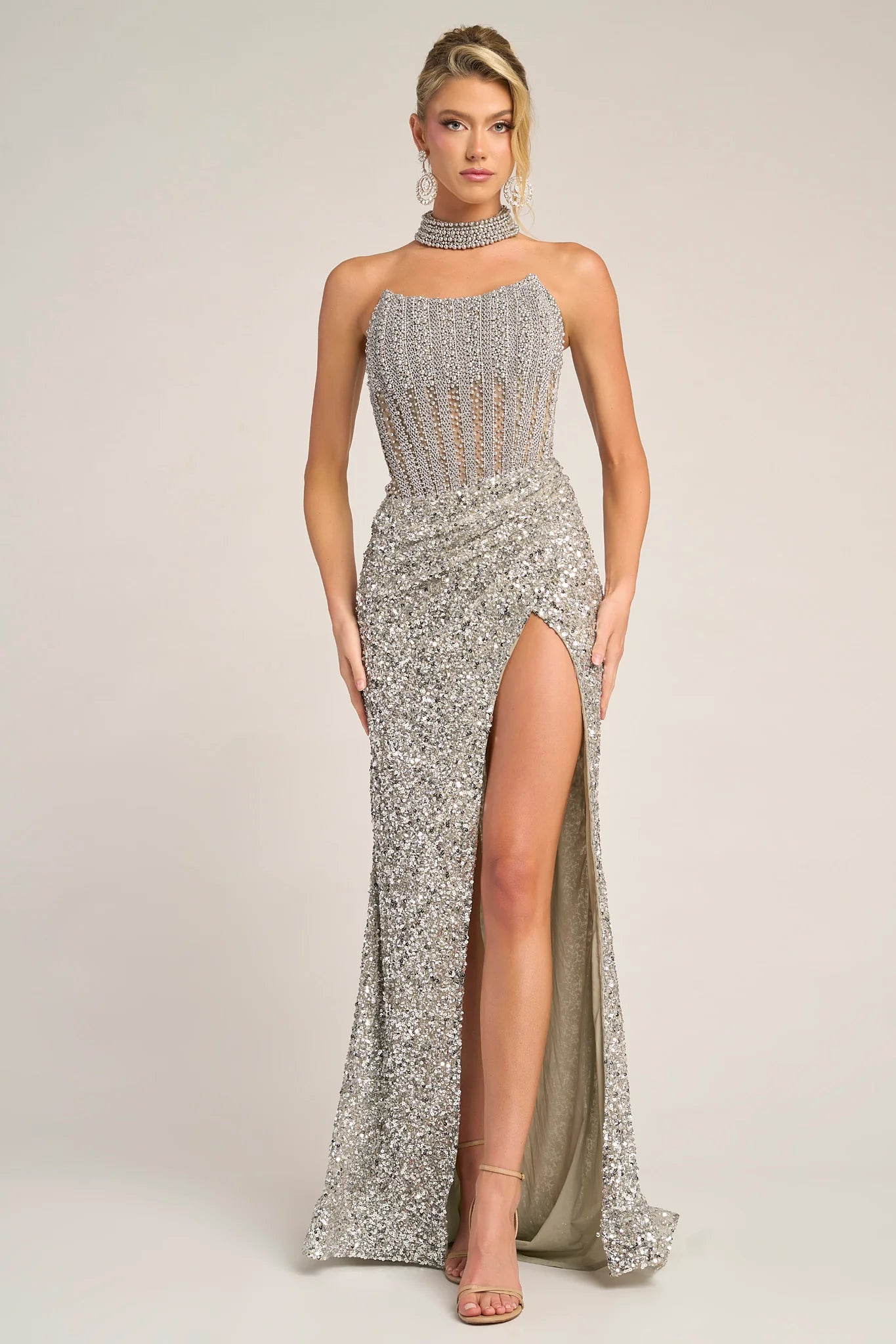 Luxury Fitted Strapless Beaded Floor-Length Split Gown Evening Dress
