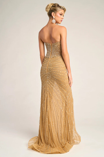 Vestido de noche largo de lujo con corpiño ajustado, sin tirantes, con pedrería y abertura