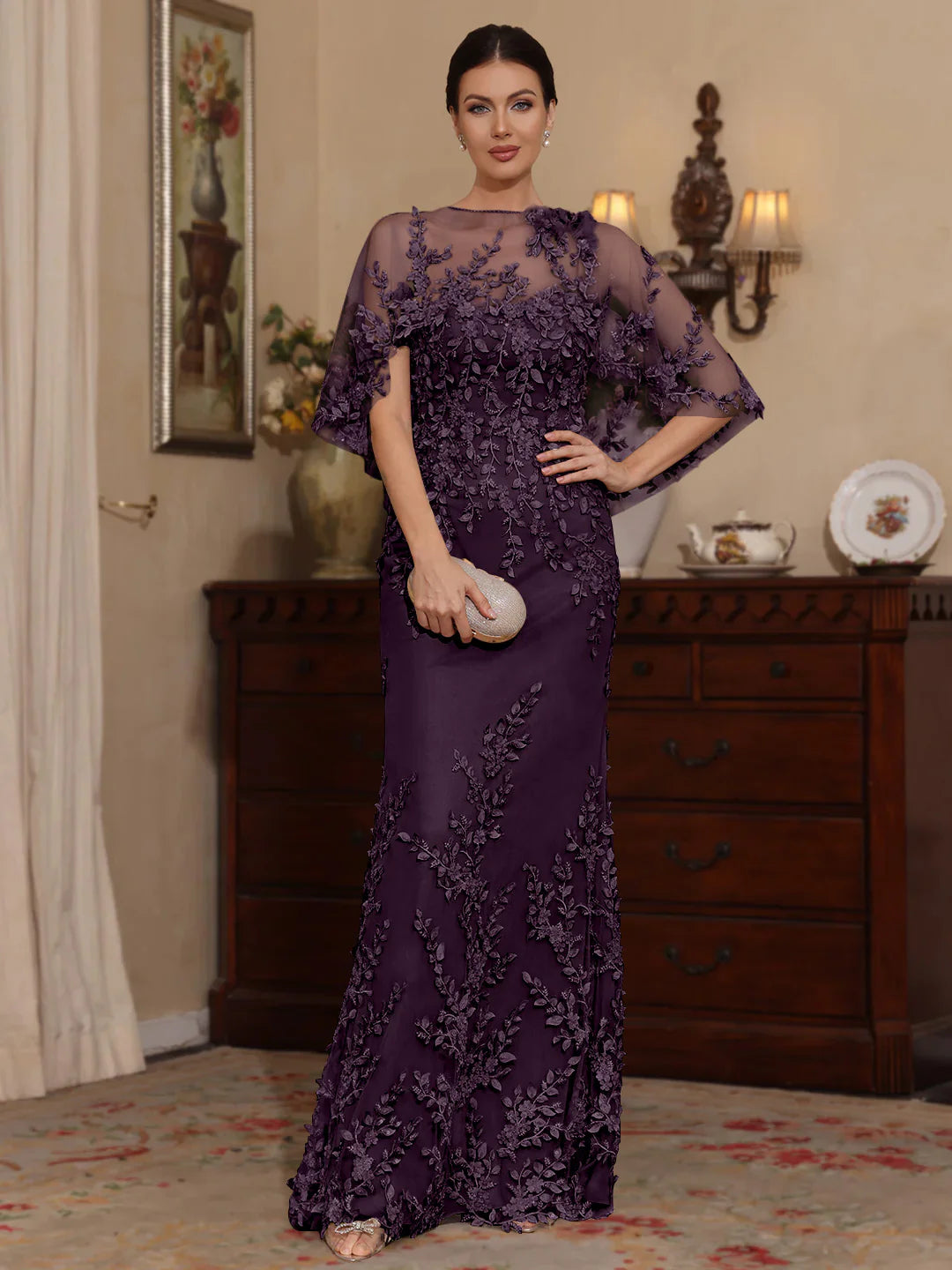 Elegant Fitted Sweetheart Neck Lace Floor-Length Cape Gown Mother of the Bride Dress