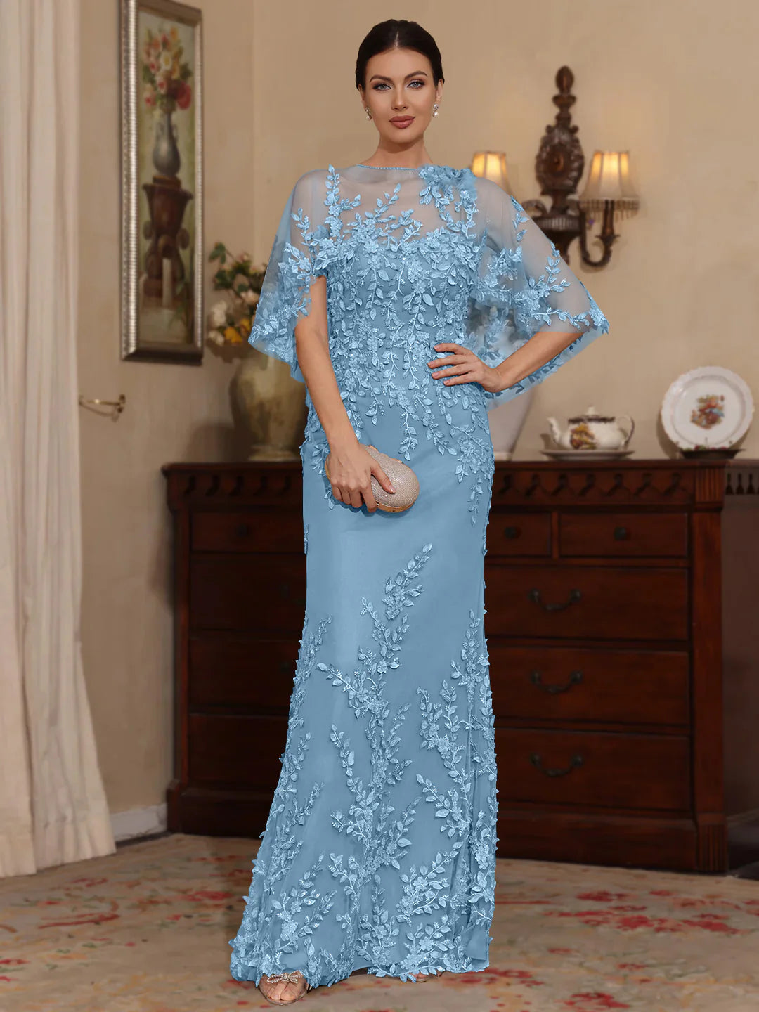 Elegant Fitted Sweetheart Neck Lace Floor-Length Cape Gown Mother of the Bride Dress