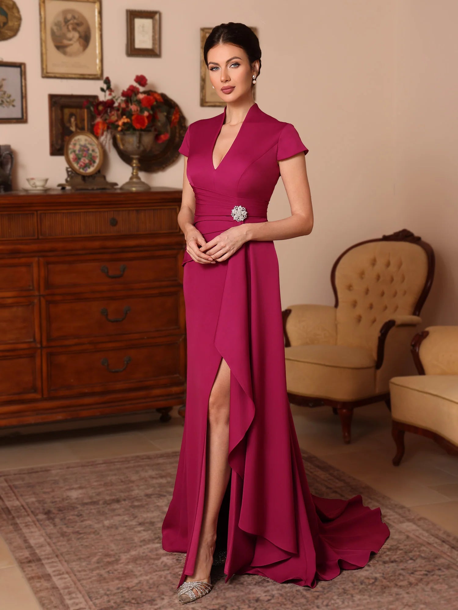 Elegant Fitted V-Neck Satin Floor-Length Ruffle Gown Mother of the Bride Dress